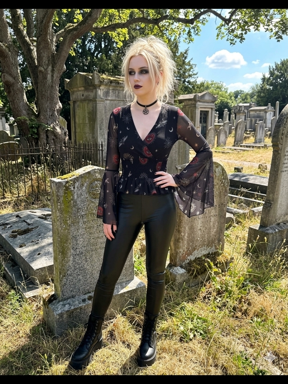 Black Sheer Bell-Sleeve Blouse with Red Paisley Print